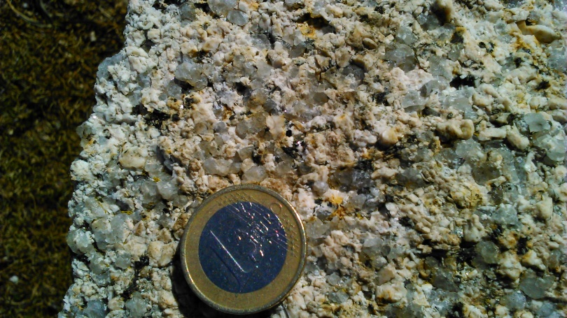 FIGURA 6. Detalle del leucogranito tipo la Pedriza. Se puede ver que el granito es de grano grueso y que está formado por los siguientes minerales: cuarzo, feldespato, biotita y en menor proporción moscovita. La Pedriza (Sierra de Guadarrama).