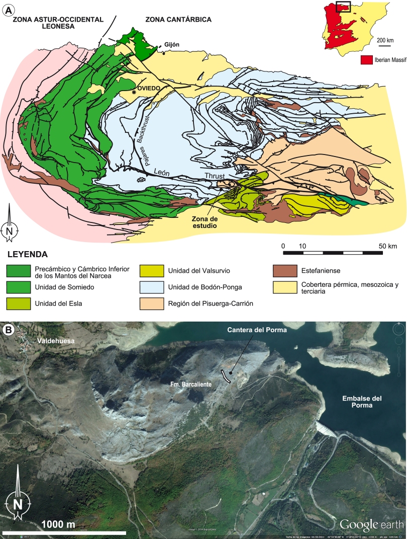 FIGURA 1. a) División de las unidades tectonoestratigráficas de la ZC según Alonso et al. (2009) y b) Ubicación de la cantera donde se ha realizado el estudio. 