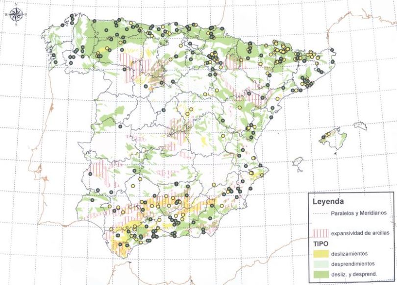 FIGURA 11. Mapa de España que muestra las zonas más vulnerables y propensas a sufrir movimientos de ladera. IGME.